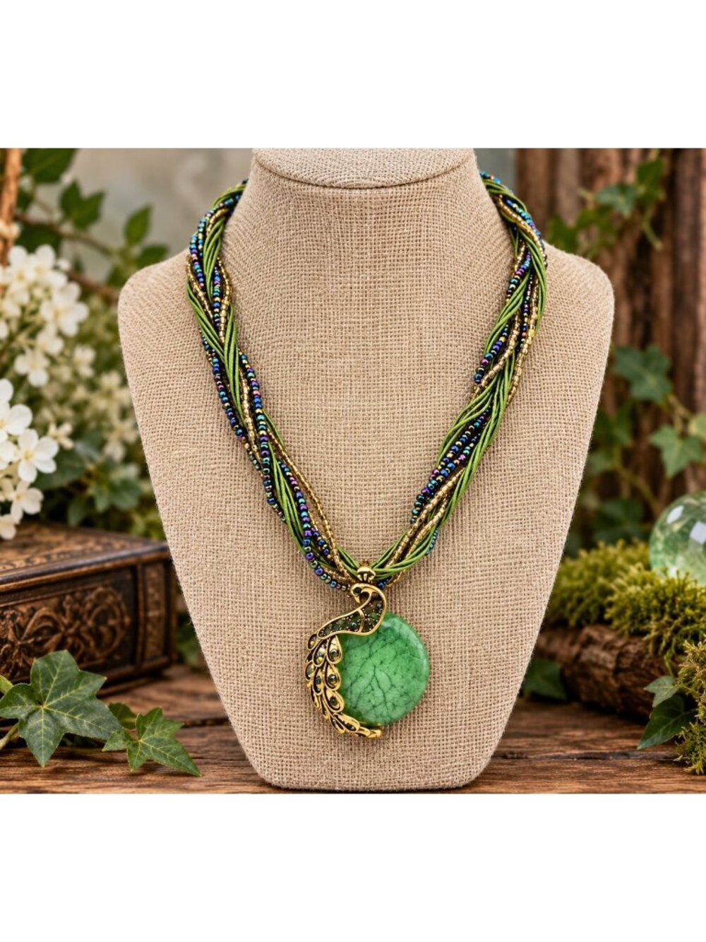 Fairycore Boho Necklace 20" Multi Strand Green Beaded Peacock Pendant Gold Tone
